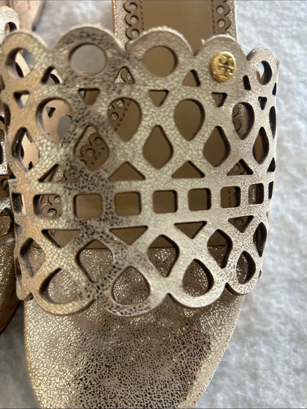 Tory Burch Champagne Laser-Cut Cork Wedge Slides